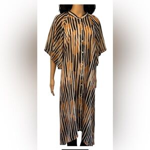 DRIPT Orange Black Striped Button Down Bat Sleeves Sheer Long Coverup Dress XL
